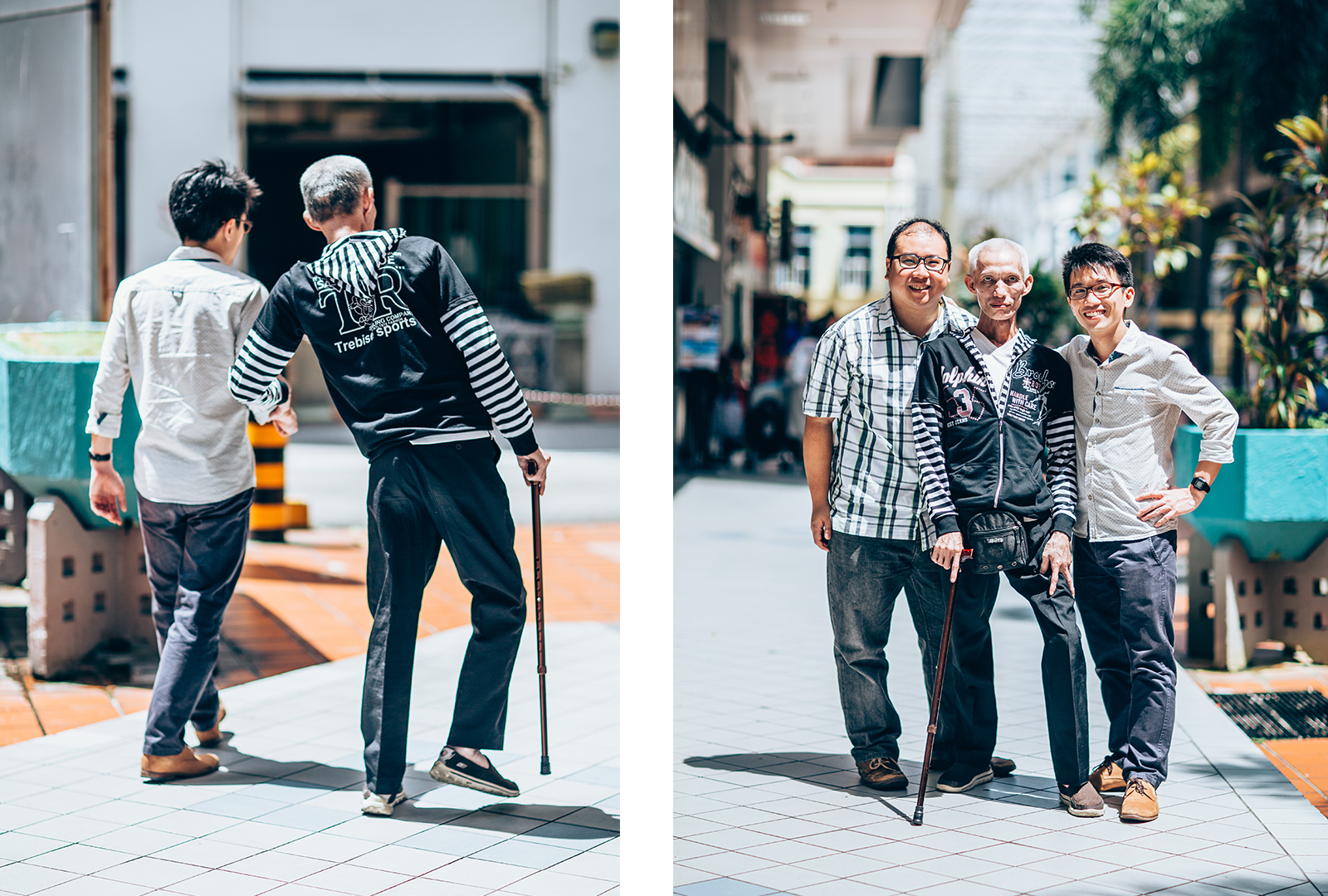 (Left) Mr James Seow has become Uncle Lum's walking aid over time. (Right) 